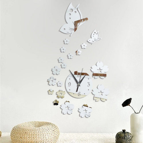 New 3D Pansy Wall Clock Mirror Wall Sticker Butterfly Wall Clock Mirror Mute Big Wall Clock Modern Home Decor Design