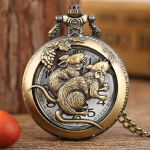 Load image into Gallery viewer, Half Hunter Old Fashioned Retro Chinese Zodiac Mouse Quartz Pocket Watch Necklace Fob Chain Antique Collection Clock Unisex