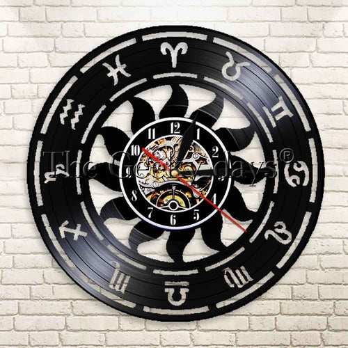 1Piece Zodiac Sign Wall Art Wall Clock Minimalist Modern Geometric Vinyl Record Clock Astrological Decorative Clock Vintage